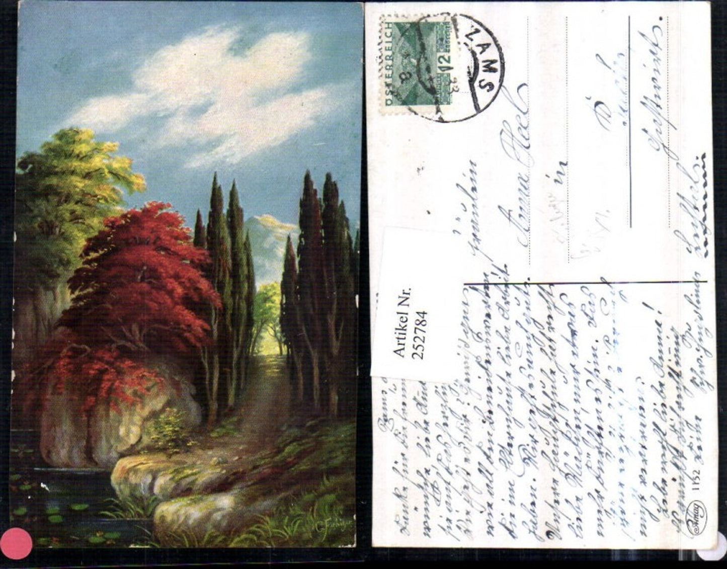252784,Künstler AK G. Fiebiger Landschaft Zypressen Weg Bäume Felsen