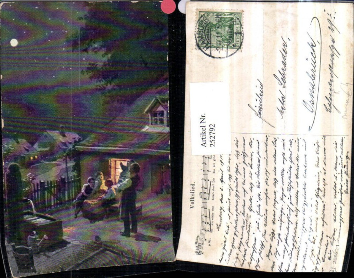 252792,Künstler AK Familie Kinder Haus Brunnen Gießkanne Mondschein Sterne Volkslied Liedzeile