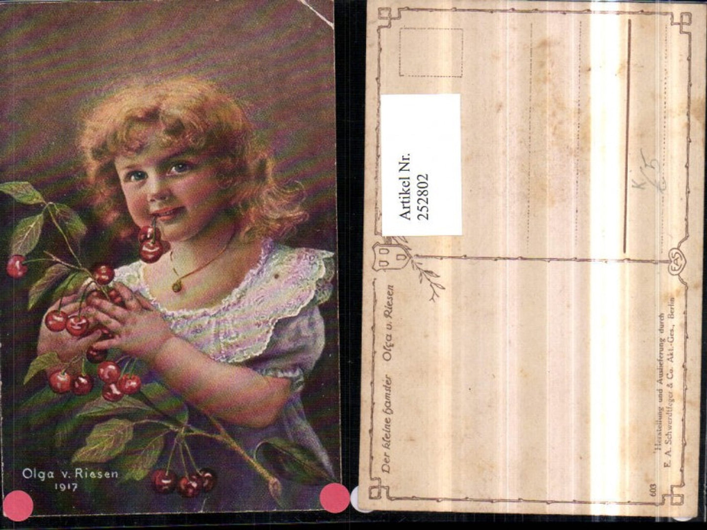 252802,Künstler AK Olga von Riesen Der kleine Hamster Mädchen m. Kleid Kette Kirschen Portrait