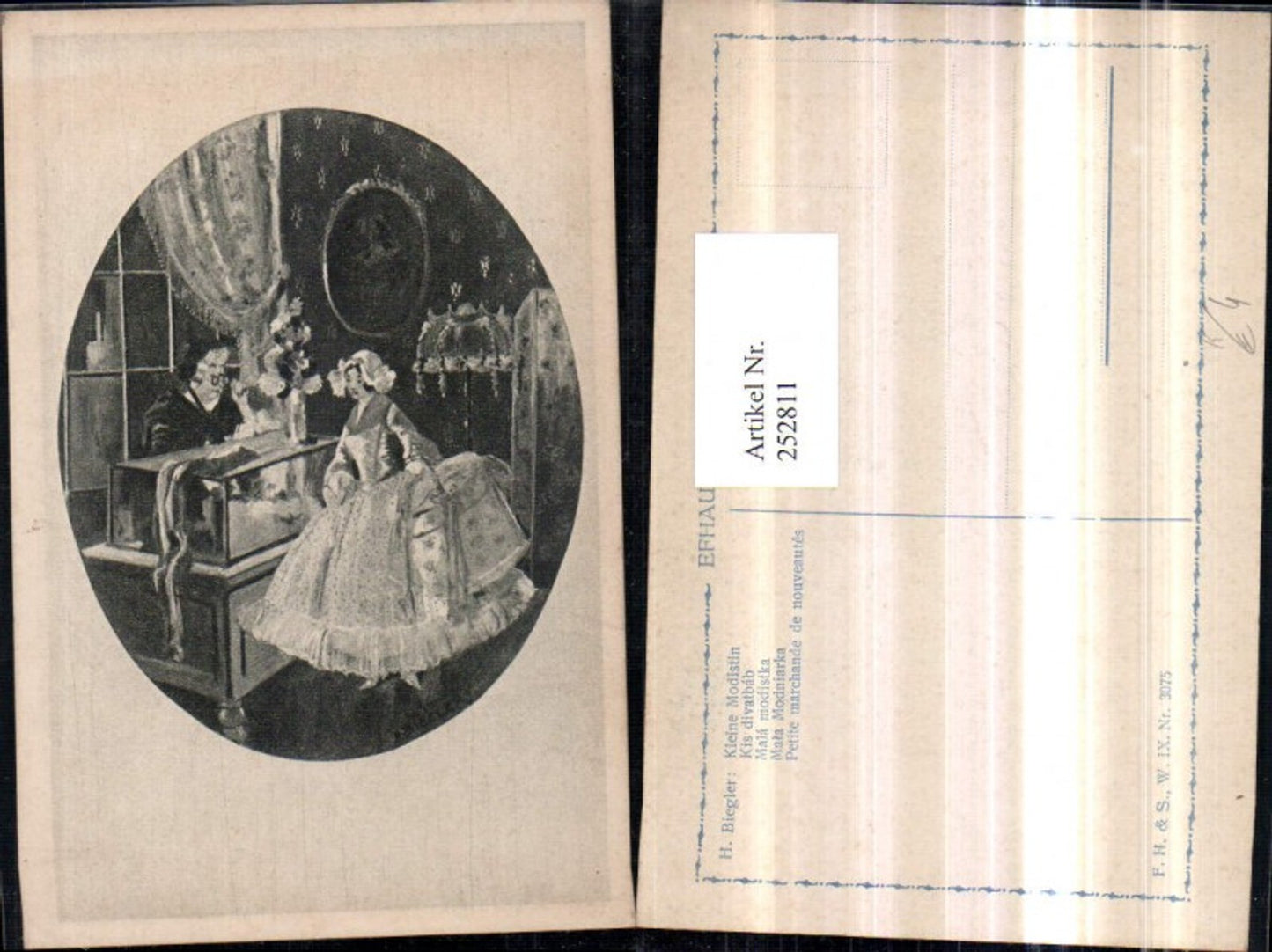 252811,Künstler AK H. Biegler Kleine Modistin Frau m. Haube Kleid Pompös Verkäuferin Brille