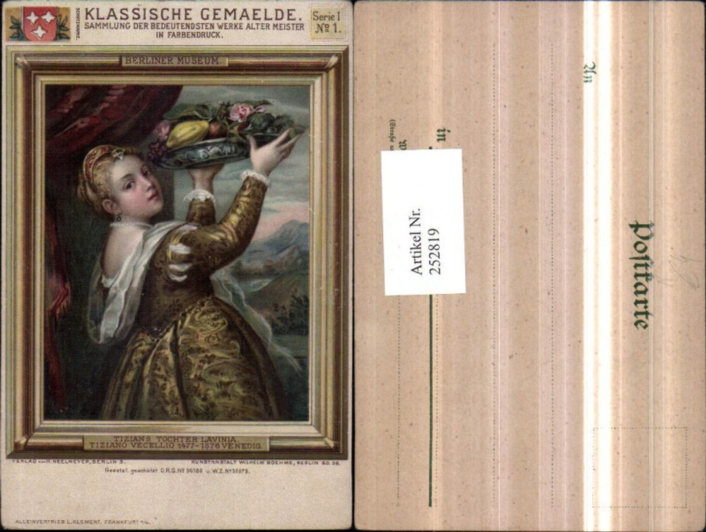 252819,Künstler AK Tiziano Vecellio Tizians Tocher Lavinia m. Kopfschmuck Schüssel Portrait Passepartout