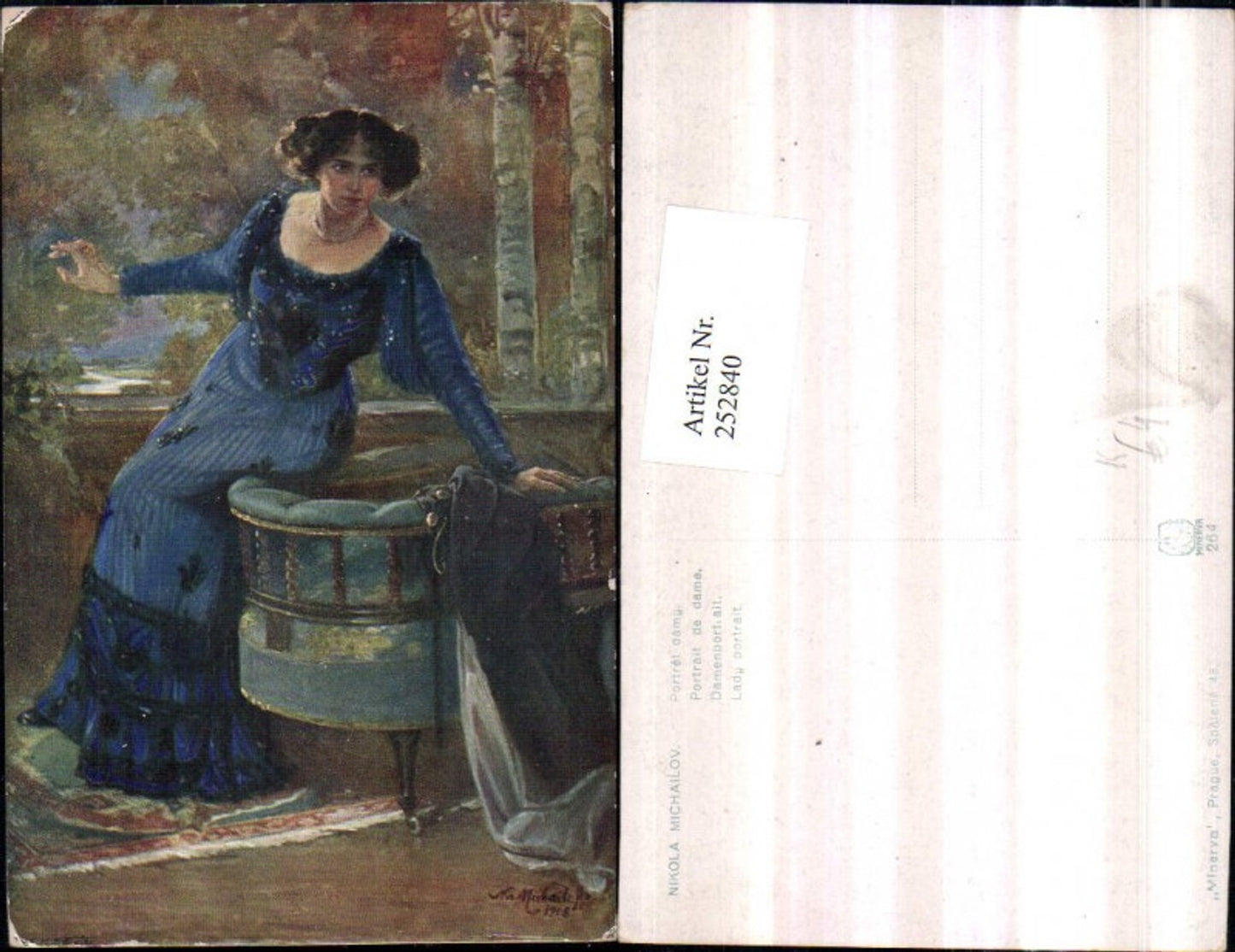 252840, Artist AK Nikola Michailov, Portrait of a Woman in a Blue Dress, Chair, Armchair