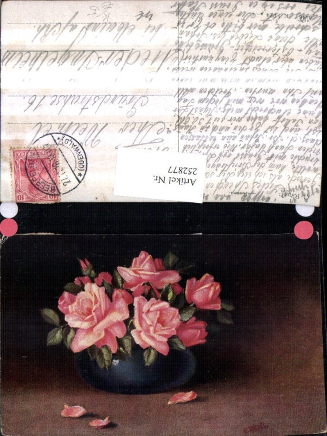 252877,Künstler AK C. Ratzel Rosen Rosenblüten Vase