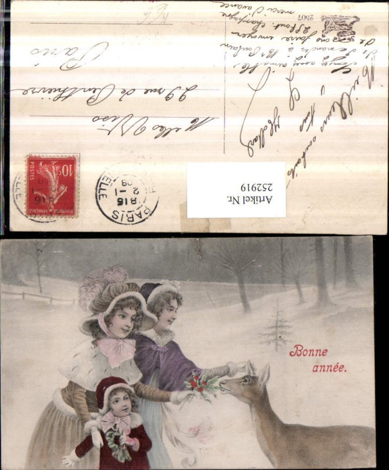252919,Künstler AK Jugendstil Kinder m. Hauben Mäntel Reh Mistelzweig Winterbild