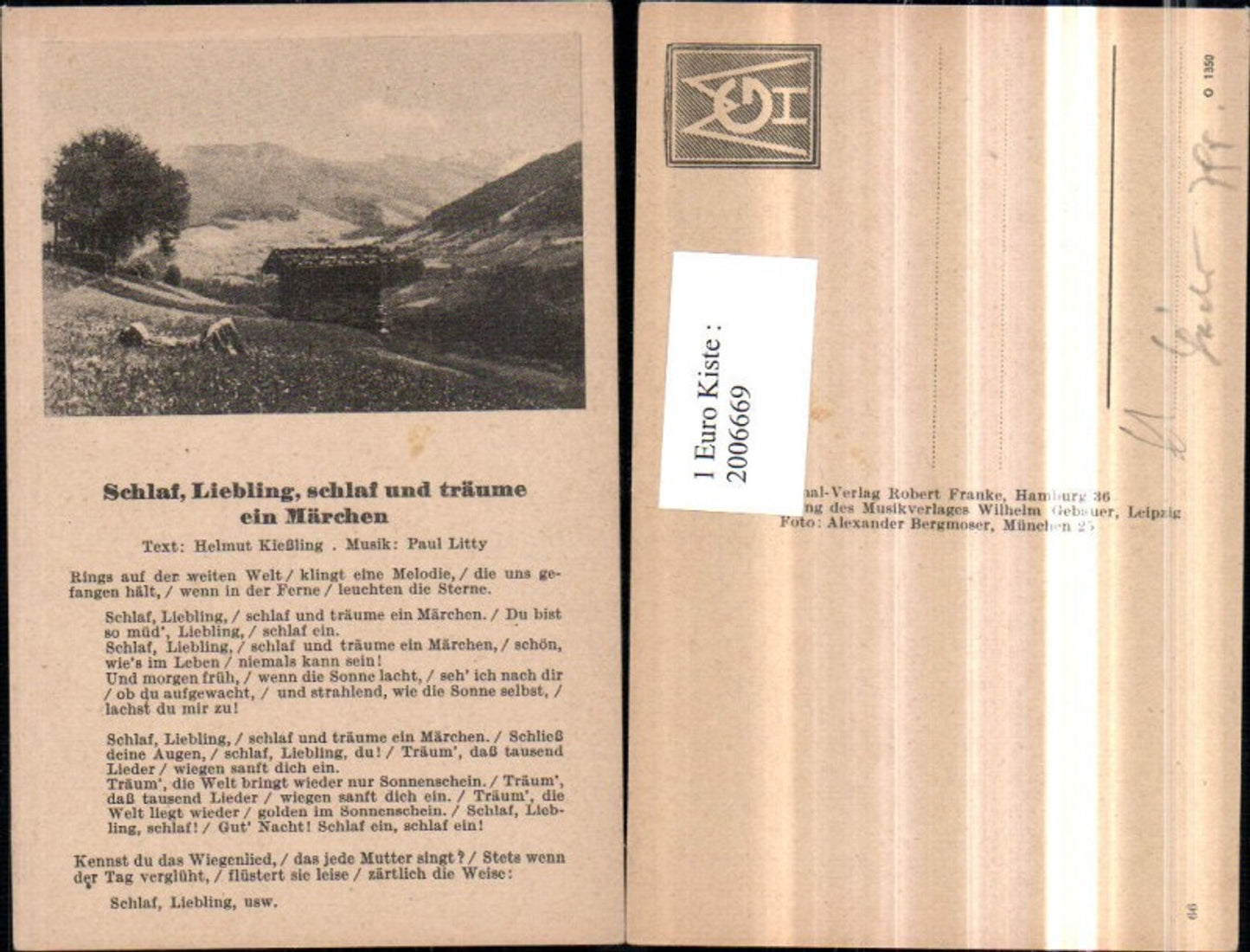 2006669,Liedkarte Schlaf Liebling schlaf und träume ein Märchen von Helmut Kießling u. Paul Litty Text Landschaft
