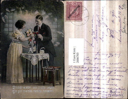 2006703,Silberverzierung Liebespaar Frau m. Kleid Mann m. Anzug Wein Gläser Rosenstrauß