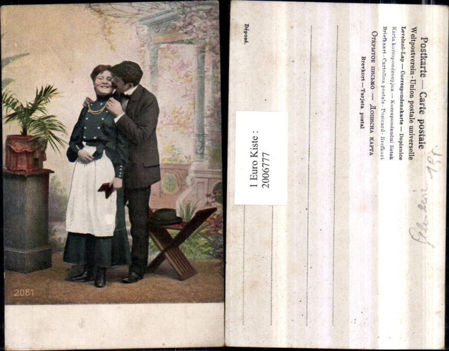 2006777,Liebespaar Liebe Mann m. Anzug Fliege Frau m. Bluse Rock Schürze Hut