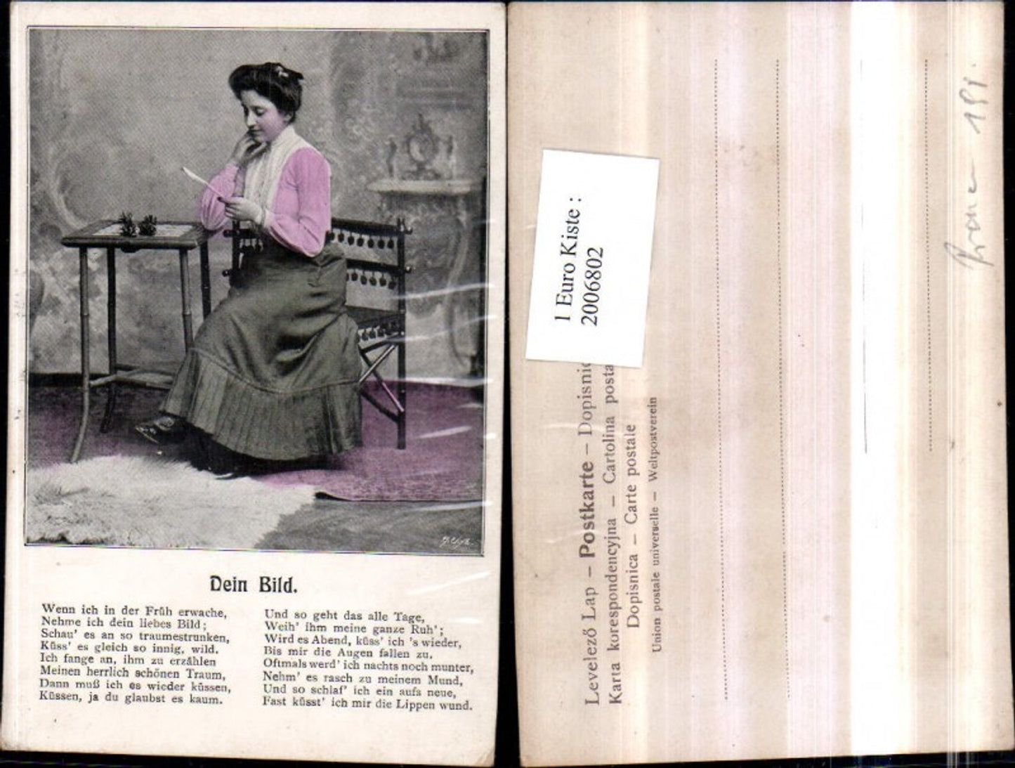 2006802,Dein Bild Text Gedicht Frau m. Bluse Rock Foto in d. Hand Stuhl Sessel Tischchen