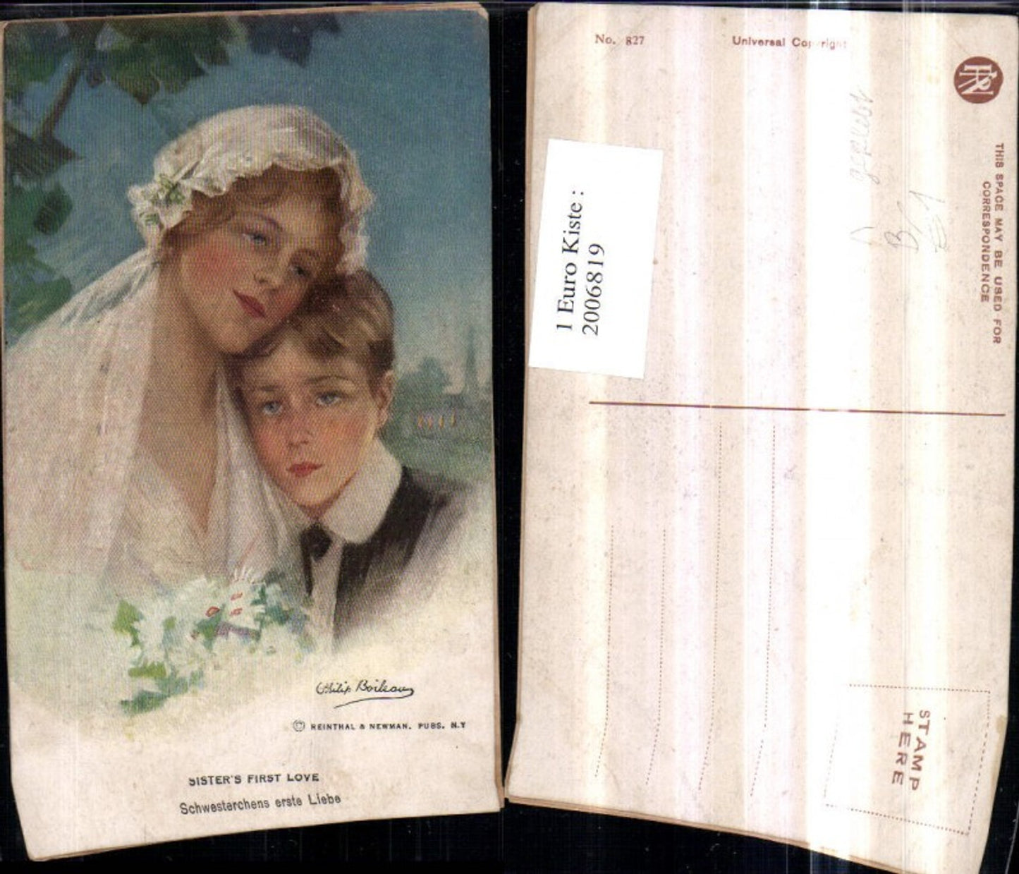 2006819,Künstler AK Philip Boileau Schwesterchens erste Liebe Junge Mädchen m. Schleier Blumenstrauß Portrait