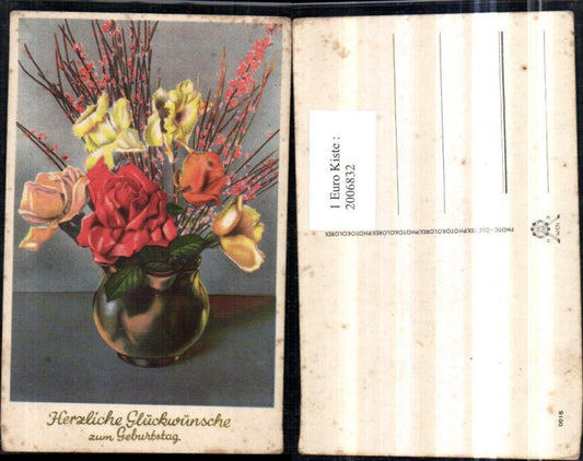 2006832,Geburtstag Blumenstrauß Blumen Rosen Blütenzweige Vase