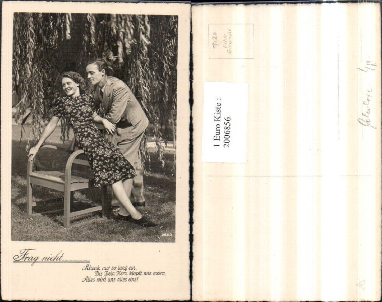 2006856,Frag nicht Spruch Text Mann m. Anzug Frau m. Kleid Stuhl Sessel Baum Weide