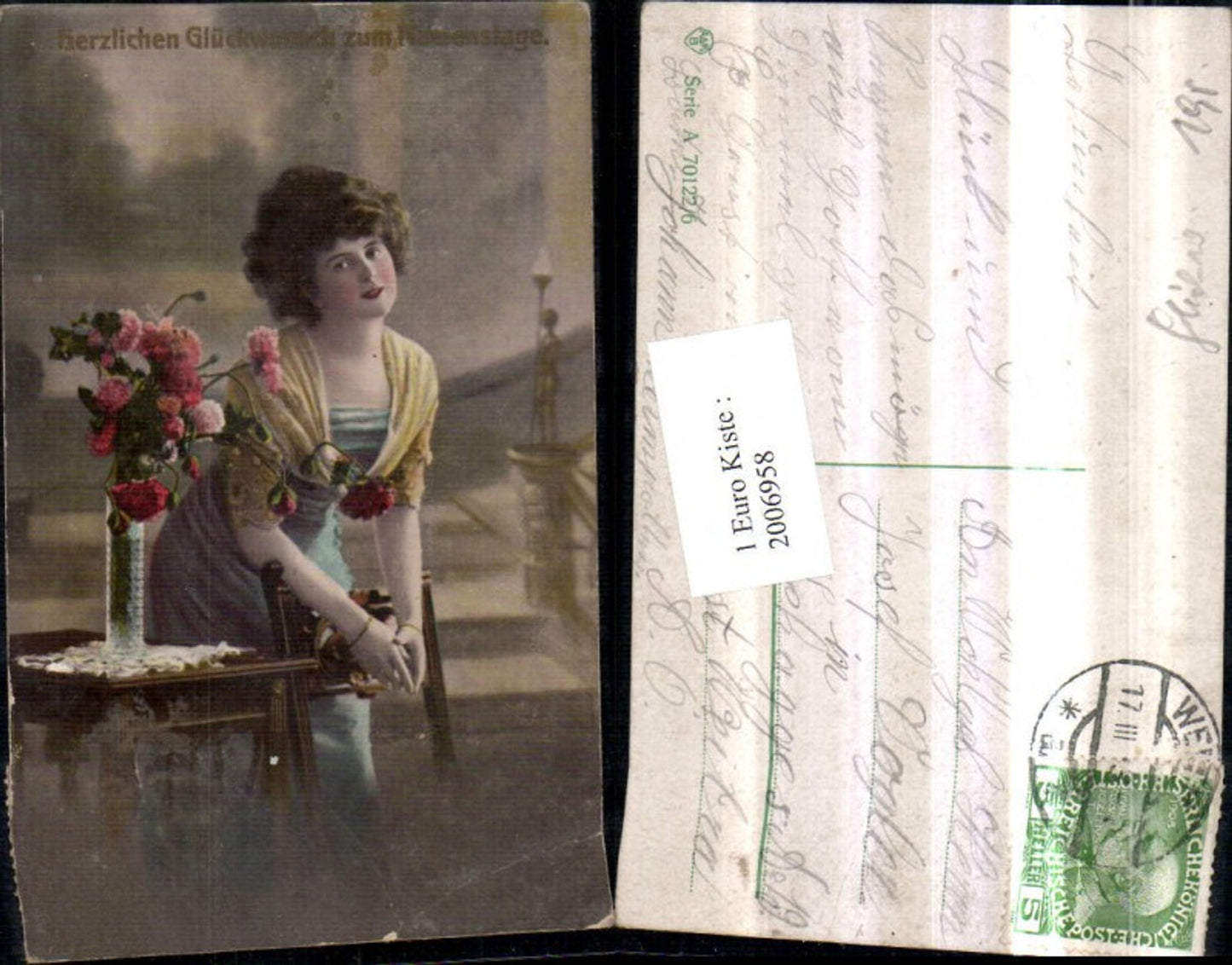 2006958,Namenstag Frau m. Kleid Blumenstrauß Blumen Vase Stuhl Tischchen