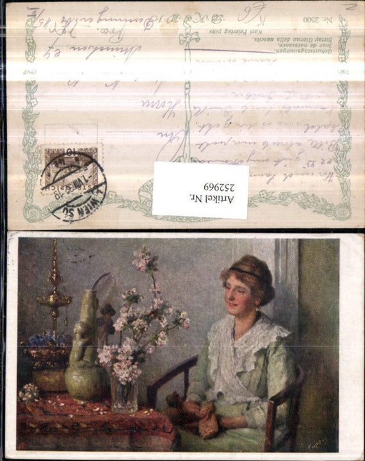 252969,Künstler AK Karl Feiertag Geburtstagsmorgen Frau m. Puppe in d. Hand Tisch Blumen Vase
