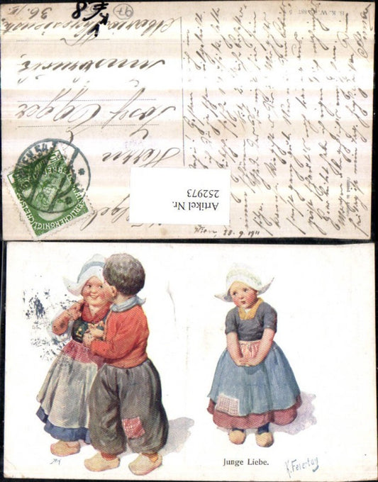 252973,Künstler AK Karl Feiertag Junge Liebe Holländische Tracht Kinder Hauben Kleider Pantoffeln pub Brüder Kohn B.K