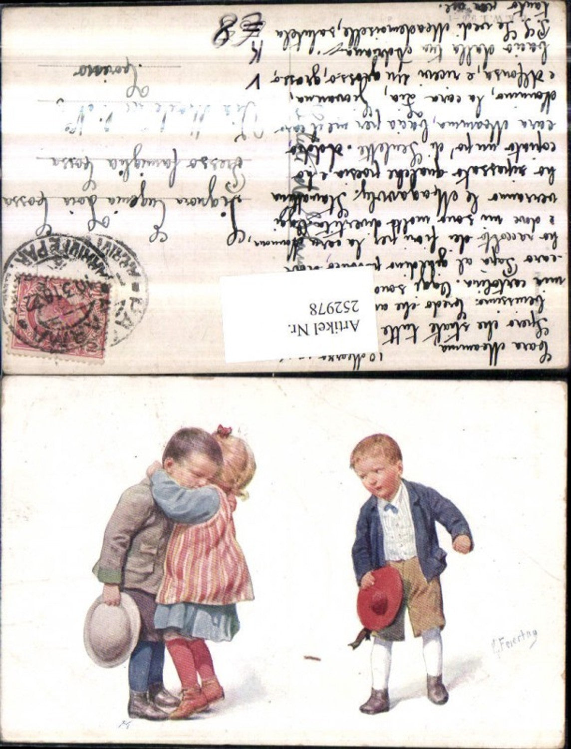 252978,Künstler AK Karl Feiertag Mädchen nimmt Jungen in d. Arm Hüte pub Brüder Kohn B.K.W.I. 976/1