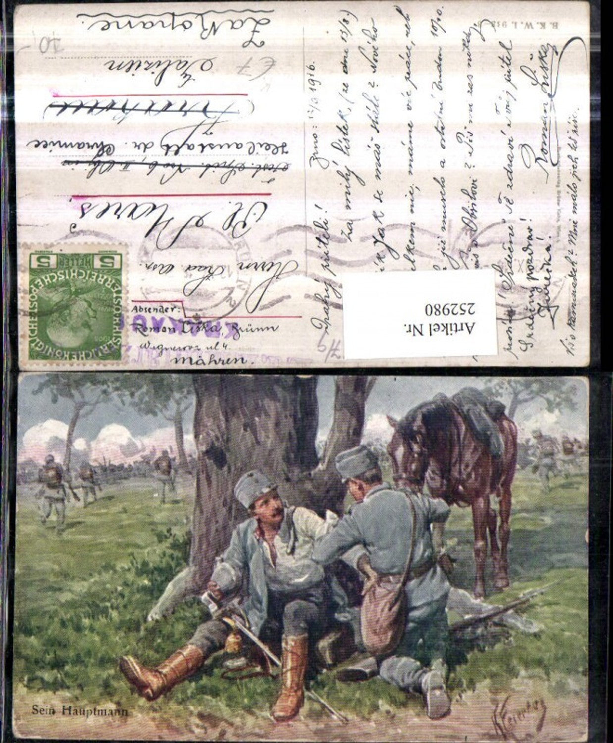 252980,Künstler AK Karl Feiertag Sein Hauptmann Männer Uniform Schwert Pferd pub Brüder Kohn B.K.W.I. 933/3