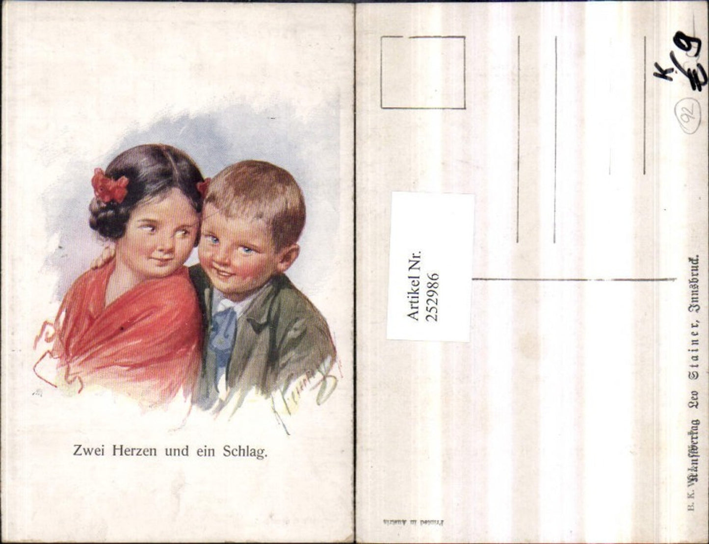 252986,Künstler AK Karl Feiertag Zwei Herzen und ein Schlag Kinder Mädchen Junge Portrait pub Brüder Kohn B.K.W.I. 66