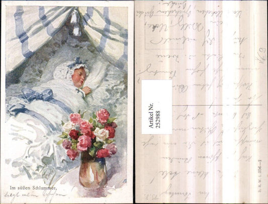 252988,Künstler AK Karl Feiertag Im süßen Schlummern Kind b. Schlafen Bett Rosenstrauß pub Brüder Kohn B.K.W.I. 356