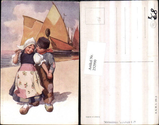 252990,Künstler AK Karl Feiertag Holländische Tracht Kinder Pantoffeln Segelboote pub Brüder Kohn B.K.W.I. 476/6