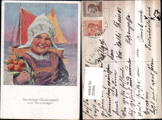252993,Künstler AK Karl Feiertag Namenstag Mädchen Haube Blumenstrauß Segelboot pub Brüder Kohn B.K.W.I. 171/1