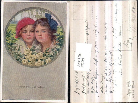 252994,Künstler AK Karl Feiertag Wenn zwei sich lieben Junge Mädchen Portrait Passepartout Rosen pub Brüder Kohn B.K.