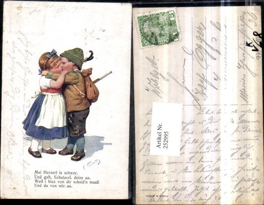252995,Künstler AK Karl Feiertag Junge Mädchen in Tracht Kuss Hut Rucksack pub Brüder Kohn B.K.W.I. 699/2
