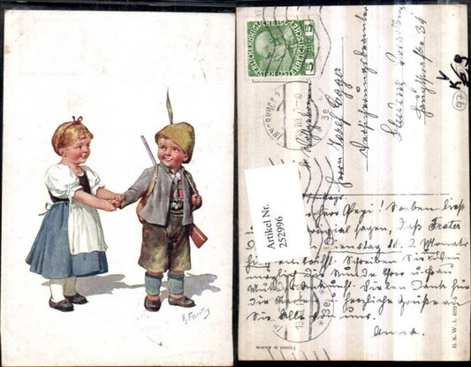 252996,Künstler AK Karl Feiertag Junge Mädchen in Tracht Hut Gewehr pub Brüder Kohn B.K.W.I. 699/5