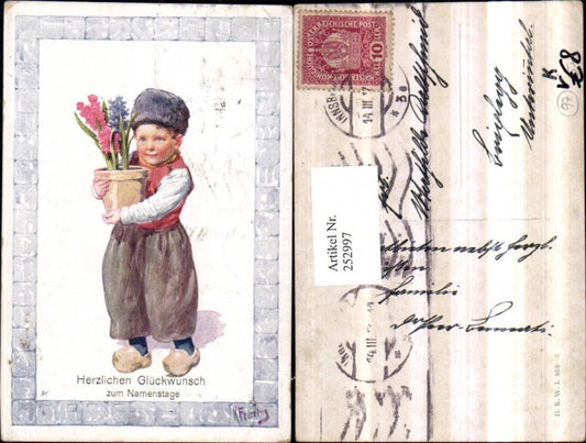 252997,Künstler AK Karl Feiertag Namenstag Junge Holländische Tracht Blumenstock Pantoffeln pub Brüder Kohn B.K.W.I.