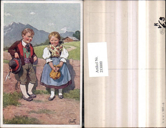 253000,Künstler AK Karl Feiertag Junge Mädchen in Tracht Hut Holzzaun pub Brüder Kohn B.K.W.I. 567/6