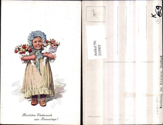 253003,Künstler AK Karl Feiertag Namenstag Kind Haube Kleid Rosensträuße pub Brüder Kohn B.K.W.I. 716/3