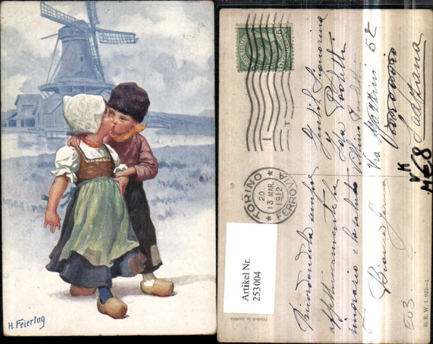 253004,Künstler AK Karl Feiertag Holländische Tracht Kinder Kuss Pantoffeln Windmühle pub Brüder Kohn B.K.W.I. 922/1