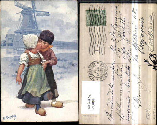 253004,Künstler AK Karl Feiertag Holländische Tracht Kinder Kuss Pantoffeln Windmühle pub Brüder Kohn B.K.W.I. 922/1
