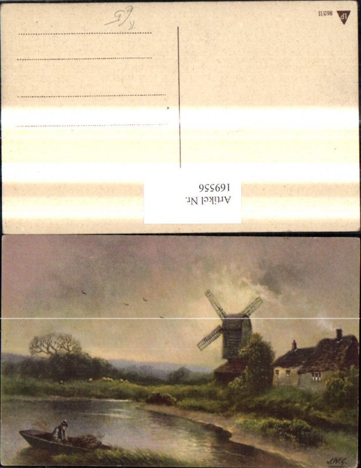 169556,Künstler Ak J. W. G. Windmühle See Mann i. Ruderboot Boot