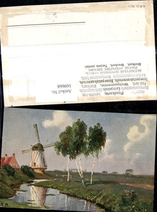 169668,Künstler Ak Windmühle Fluss Birken Bäume a. Ufer