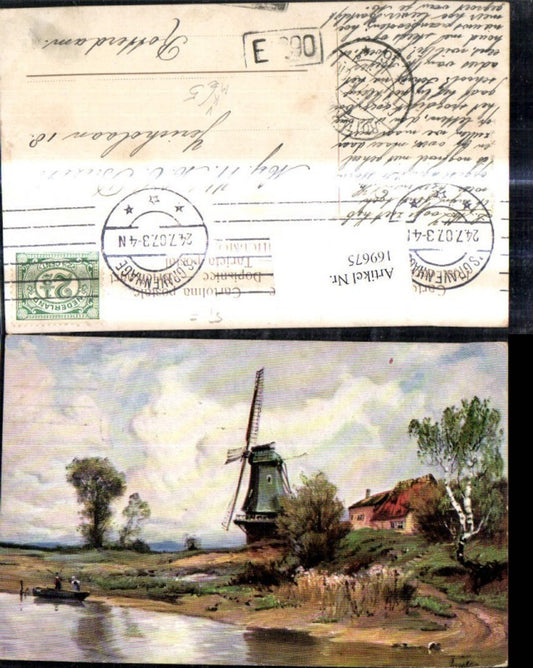 169675,Künstler Ak Windmühle Ruderboot Boot a. Ufer pub Theo Stroefer 551