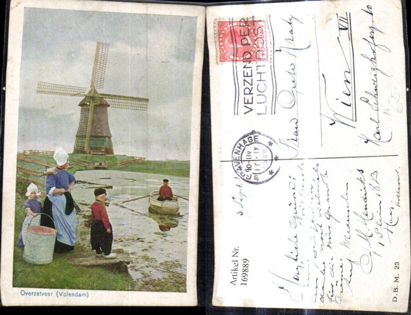 169889,Windmühle Frau m. Kinder Niederländische Volkstracht Tracht Ruderboot Boot Overzetveer Volendam
