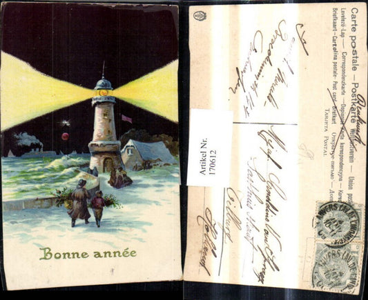 170612,Künstler Ak Leuchtturm b. Nacht i. Winter Bonne annee