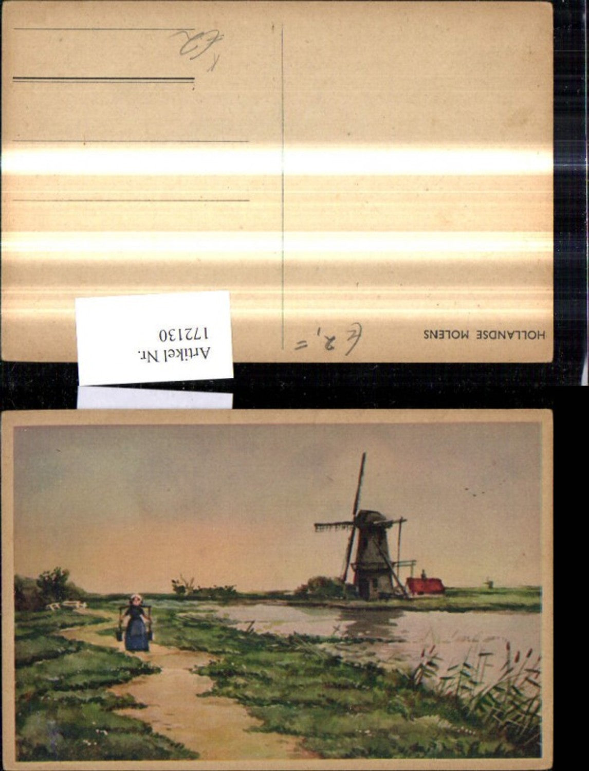 172130,Künstler Ak Windmühle Frau m. Tragejoch Hollandse Molens