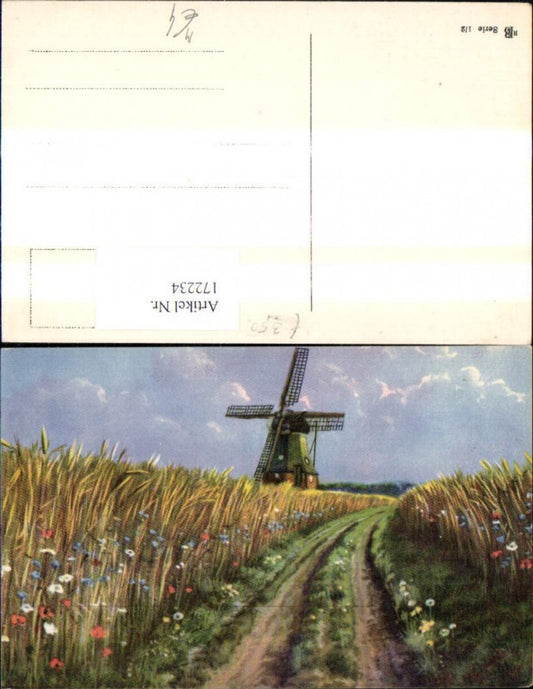 172234,Künstler Ak Windmühle m. Getreidefeld Feldweg m. Blumen