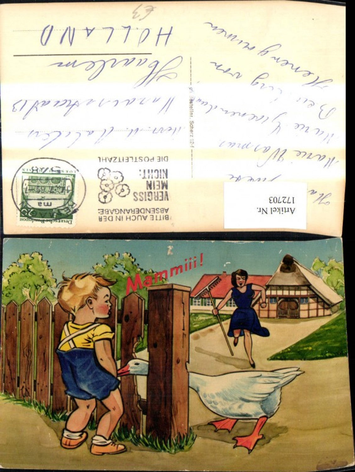 172703,Künstler Ak Scherz Humor Gans schnabt n. Jungen Bub Mammii Mutter m. Rechen