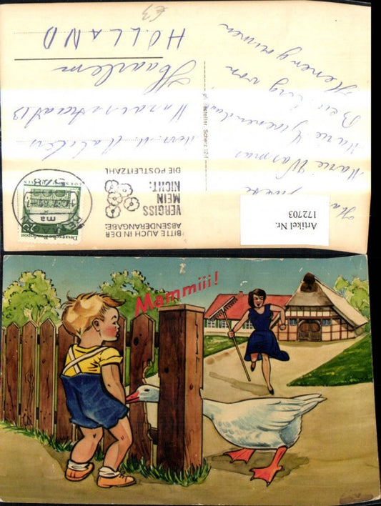 172703,Künstler Ak Scherz Humor Gans schnabt n. Jungen Bub Mammii Mutter m. Rechen