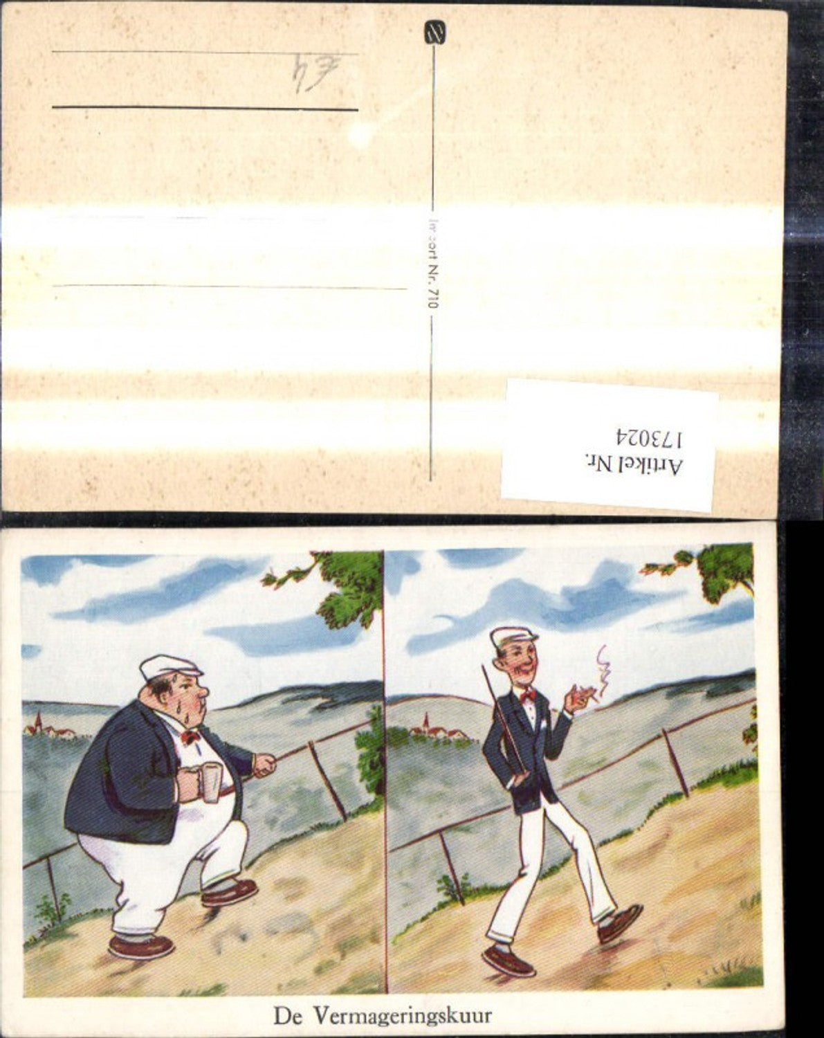 173024,Künstler Ak Scherz Humor Mann einmal Dünn u. dick De Vermageringskur Abnehmkur