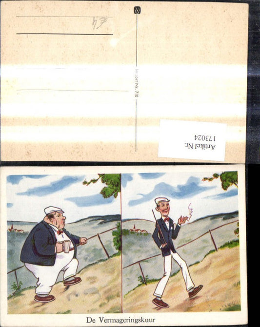173024,Künstler Ak Scherz Humor Mann einmal Dünn u. dick De Vermageringskur Abnehmkur