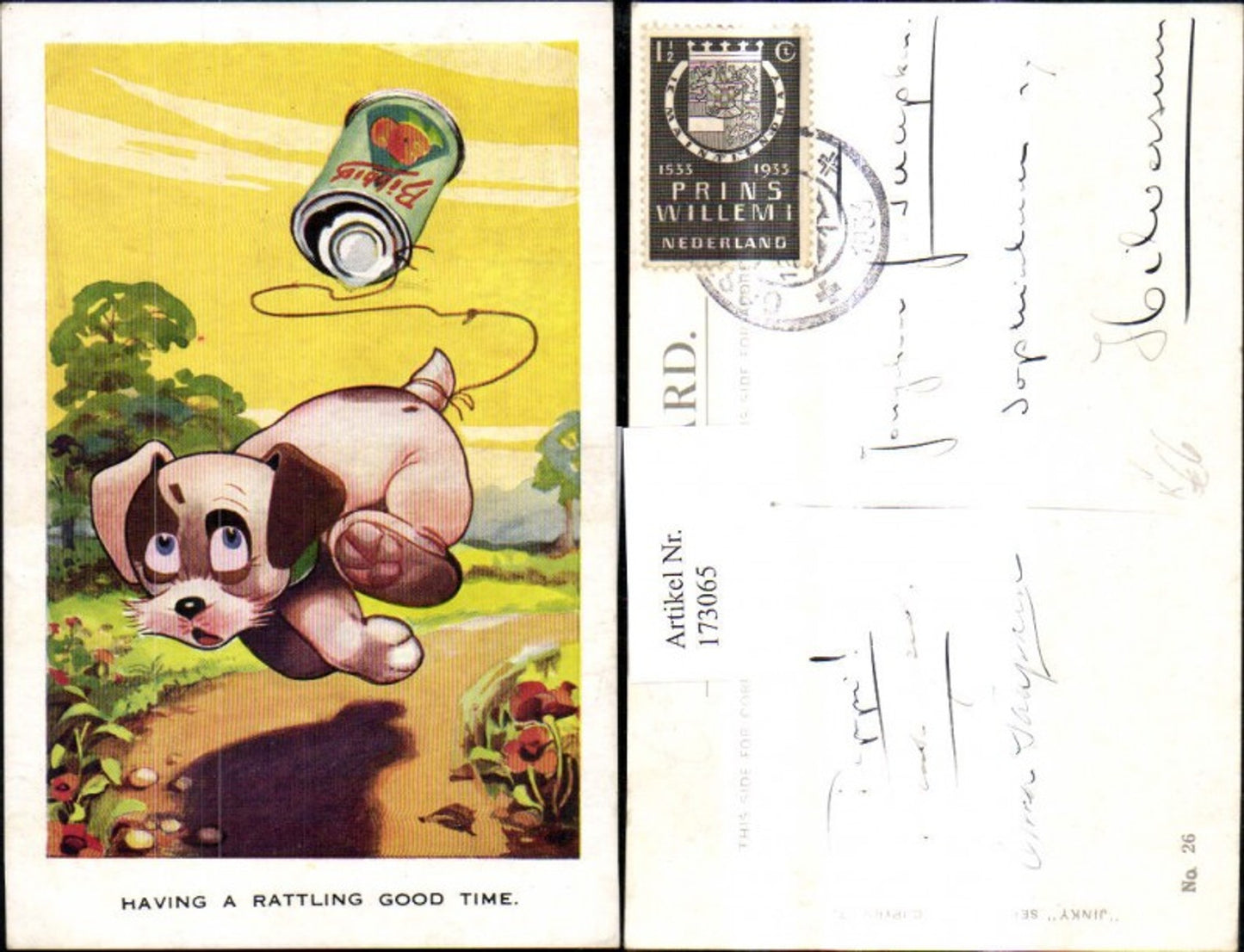 173065,Künstler Ak Scherz Humor Hund zieht Blechdose Dose hinterher Having a Rattling Good Time pub Jinke 26