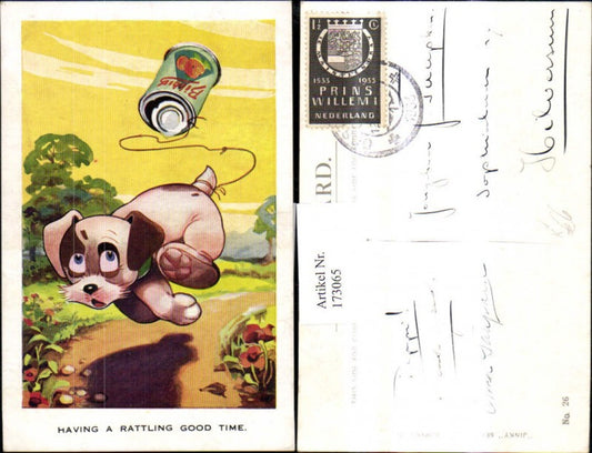 173065,Künstler Ak Scherz Humor Hund zieht Blechdose Dose hinterher Having a Rattling Good Time pub Jinke 26