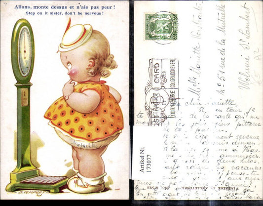 173077,Künstler Ak D. Tempest Scherz Humor Dickes Mädchen v. Waage Spruch Text