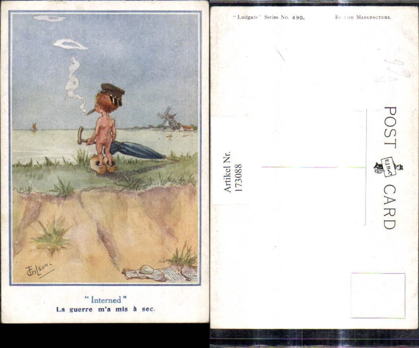 173088,Künstler Ak T. Gilson Scherz Humor Nackter Rauchender Bub a. Ufer Windmühle Interned pub Ludgate 490