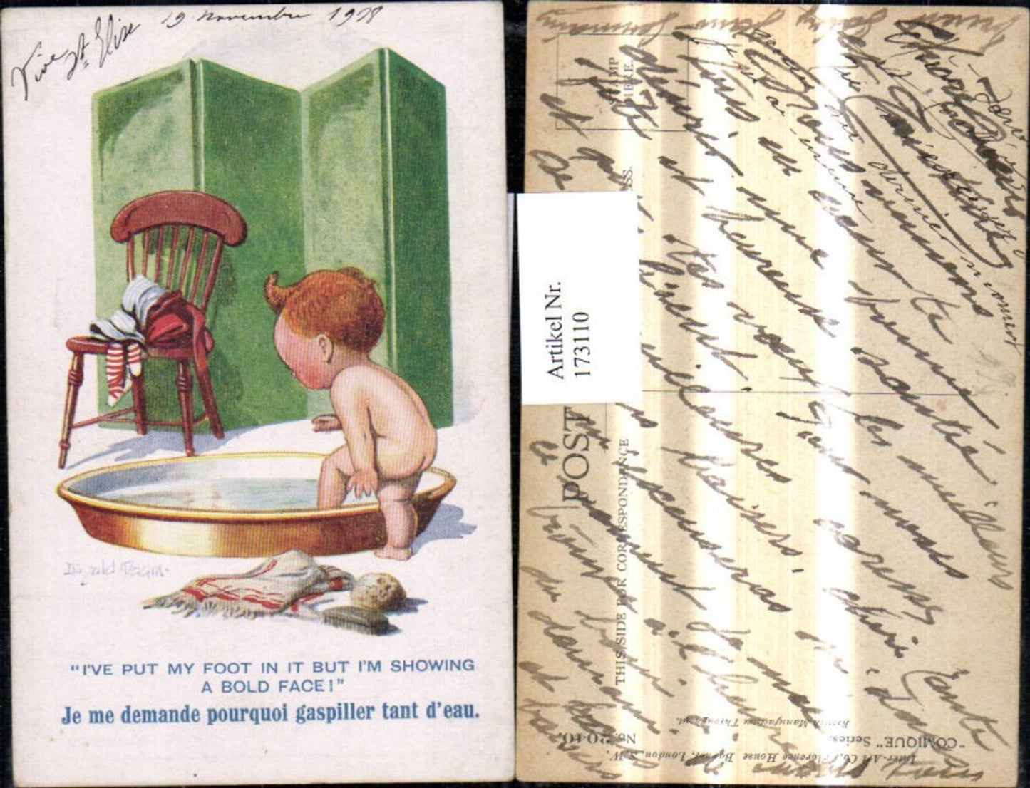 173110,Künstler Ak Donald Mc Gill Scherz Humor  Bub nimmt Bad i. Schüssel Spruch Text