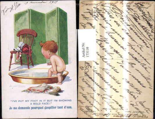 173110,Künstler Ak Donald Mc Gill Scherz Humor  Bub nimmt Bad i. Schüssel Spruch Text