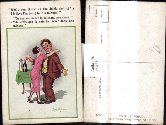 173133,Künstler Ak Donald Mc Gill Scherz Humor Betrunkener Mann umarmt Frau Scotch Flasche Spruch Text